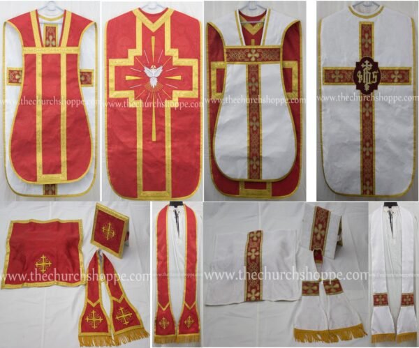WHITE AND RED REVERSIBLE TRAVEL ROMAN FIDDLEBACK VESTMENT AND MASS SET WITH IHS AND HOLY SPIRIT EMBROIDERY