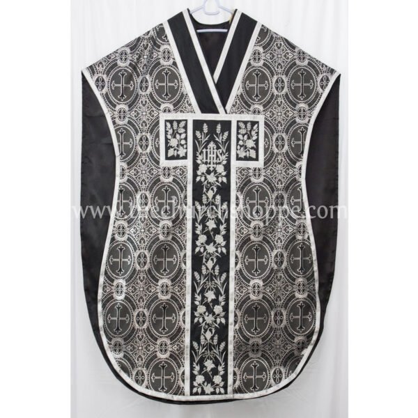 METALLIC BLACK WITH SILVER ST. PHILIP NERI VESTMENT AND MASS SET WITH IHS EMBROIDERY