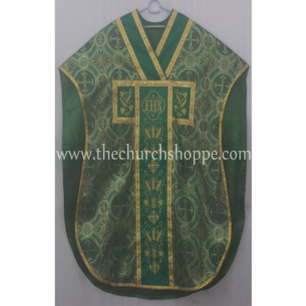 METALLIC GREEN ST. PHILIP NERI VESTMENT AND MASS SET WITH IHS EMBROIDERY