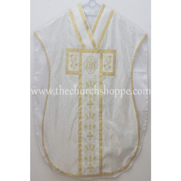 METALLIC SILVER ST. PHILIP NERI VESTMENT AND MASS SET WITH IHS EMBROIDERY