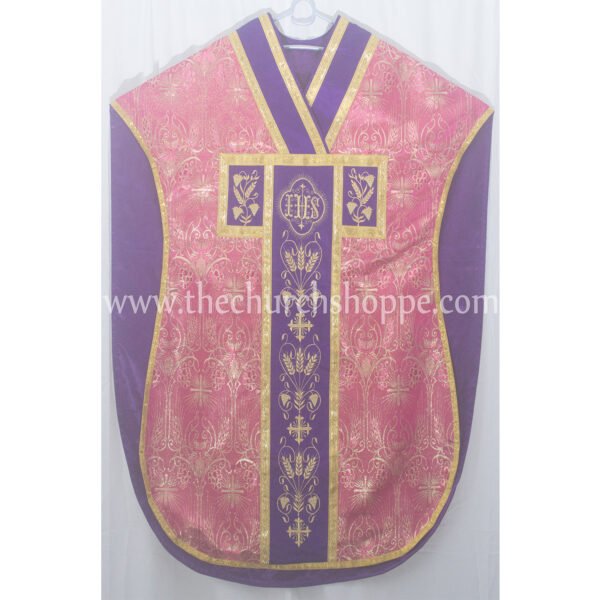 METALLIC DARK ROSE ST. PHILIP NERI VESTMENT AND MASS SET WITH IHS EMBROIDERY