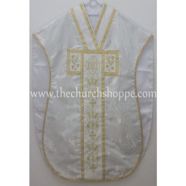 METALLIC SILVER ST. PHILIP NERI VESTMENT AND MASS SET WITH IHS EMBROIDERY