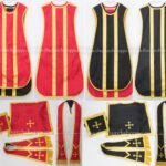 RED AND BLACK REVERSIBLE TRAVEL SPANISH FIDDLEBACK VESTMENT AND MASS SET