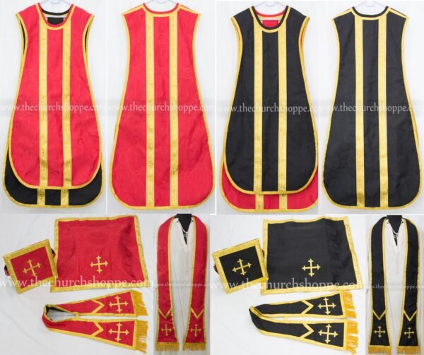 RED AND BLACK REVERSIBLE TRAVEL SPANISH FIDDLEBACK VESTMENT AND MASS SET