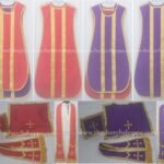 RED AND PURPLE REVERSIBLE TRAVEL SPANISH FIDDLEBACK VESTMENT AND MASS SET