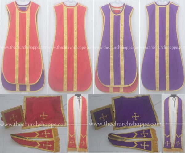 RED AND PURPLE REVERSIBLE TRAVEL SPANISH FIDDLEBACK VESTMENT AND MASS SET