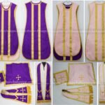 LIGHT ROSE AND PURPLE REVERSIBLE TRAVEL SPANISH FIDDLEBACK VESTMENT AND MASS SET