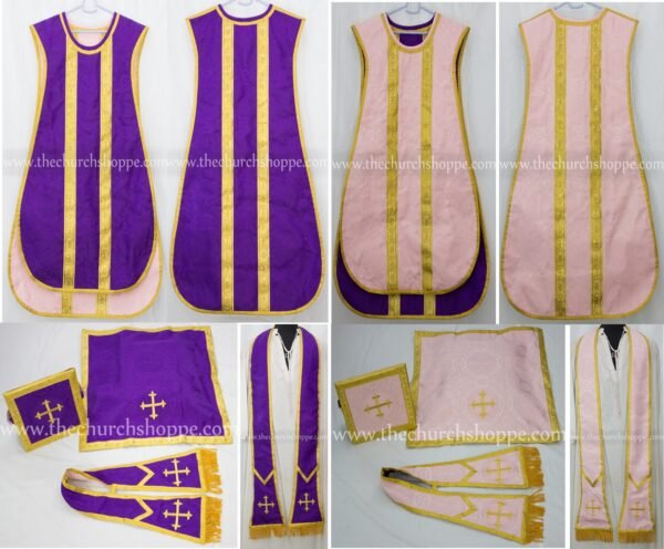 LIGHT ROSE AND PURPLE REVERSIBLE TRAVEL SPANISH FIDDLEBACK VESTMENT AND MASS SET