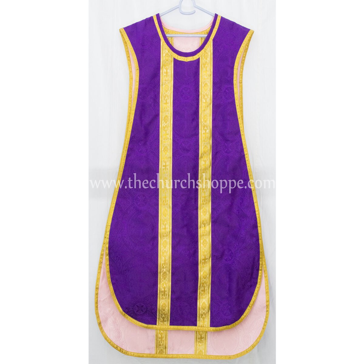 LIGHT ROSE AND PURPLE REVERSIBLE TRAVEL SPANISH FIDDLEBACK VESTMENT AND MASS SET - Image 3