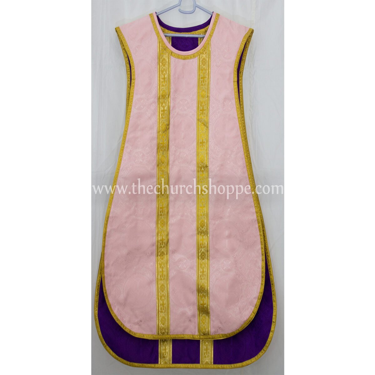 LIGHT ROSE AND PURPLE REVERSIBLE TRAVEL SPANISH FIDDLEBACK VESTMENT AND MASS SET - Image 4