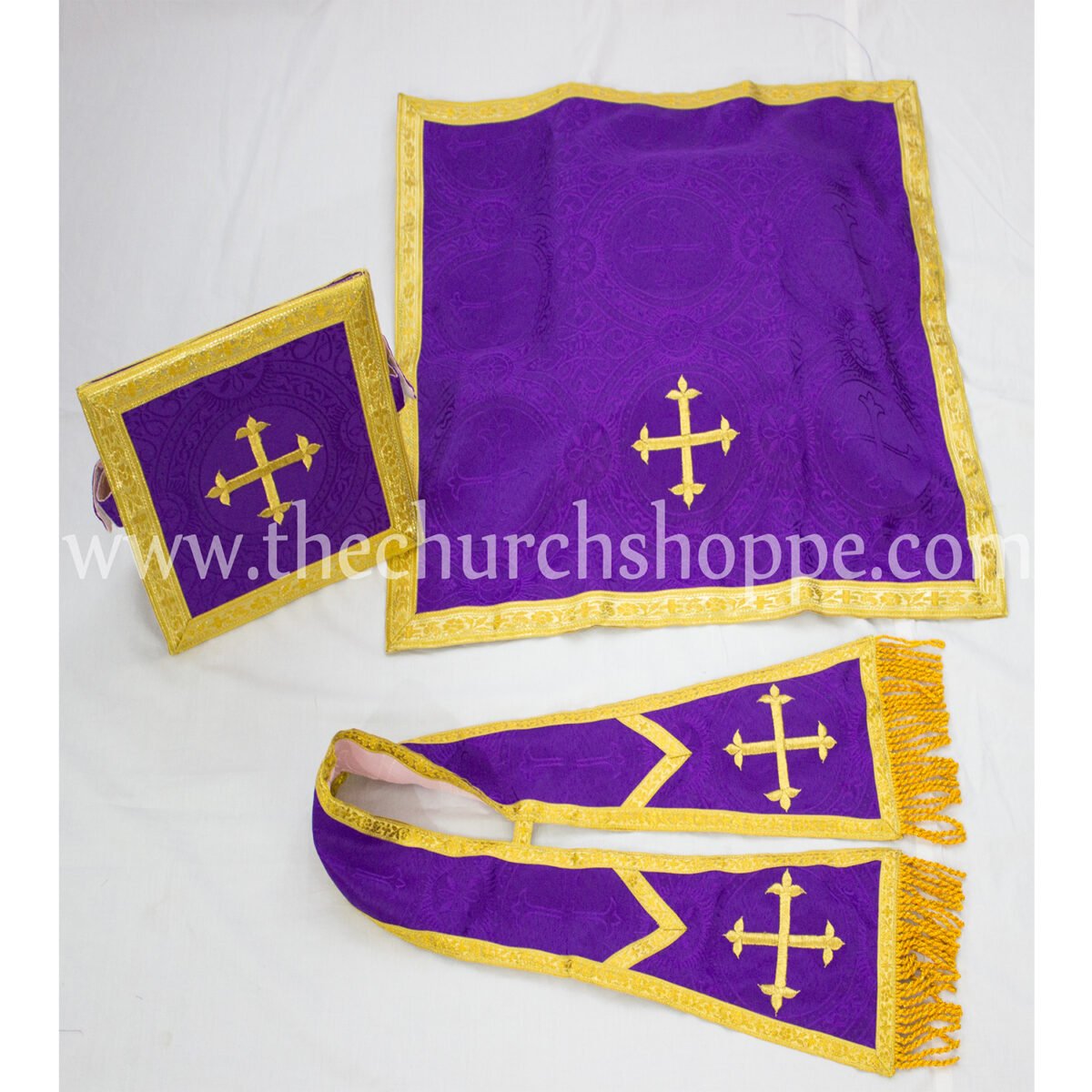 LIGHT ROSE AND PURPLE REVERSIBLE TRAVEL SPANISH FIDDLEBACK VESTMENT AND MASS SET - Image 7