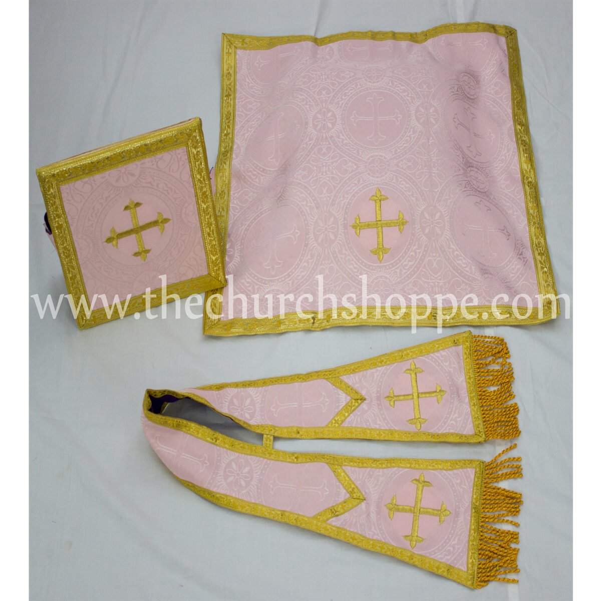 LIGHT ROSE AND PURPLE REVERSIBLE TRAVEL SPANISH FIDDLEBACK VESTMENT AND MASS SET - Image 9