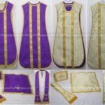 METALLIC GOLD AND PURPLE REVERSIBLE TRAVEL SPANISH FIDDLEBACK VESTMENT AND MASS SET
