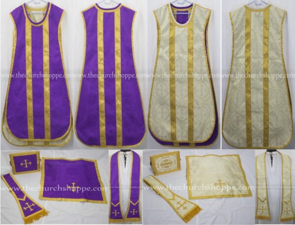 METALLIC GOLD AND PURPLE REVERSIBLE TRAVEL SPANISH FIDDLEBACK VESTMENT AND MASS SET
