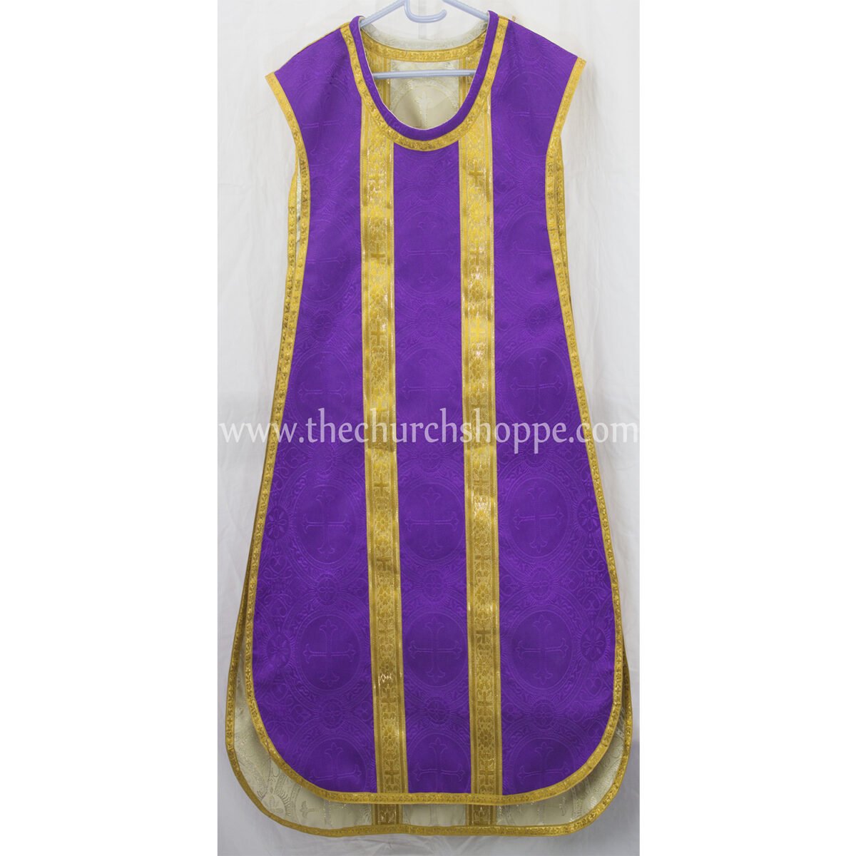 METALLIC GOLD AND PURPLE REVERSIBLE TRAVEL SPANISH FIDDLEBACK VESTMENT AND MASS SET - Image 3