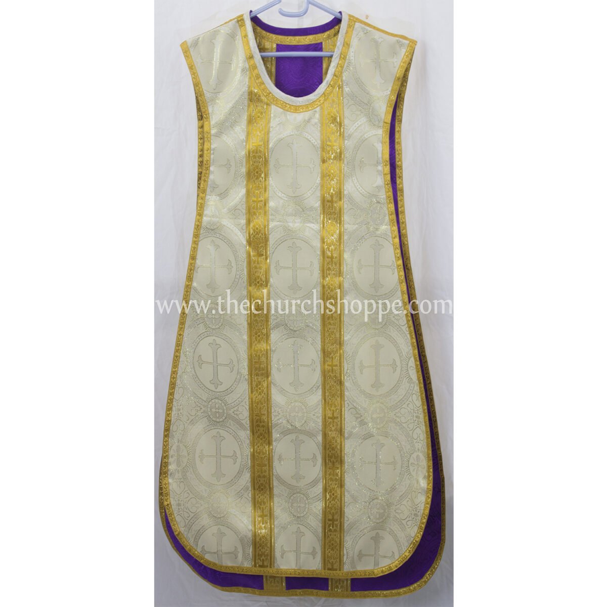 METALLIC GOLD AND PURPLE REVERSIBLE TRAVEL SPANISH FIDDLEBACK VESTMENT AND MASS SET - Image 5