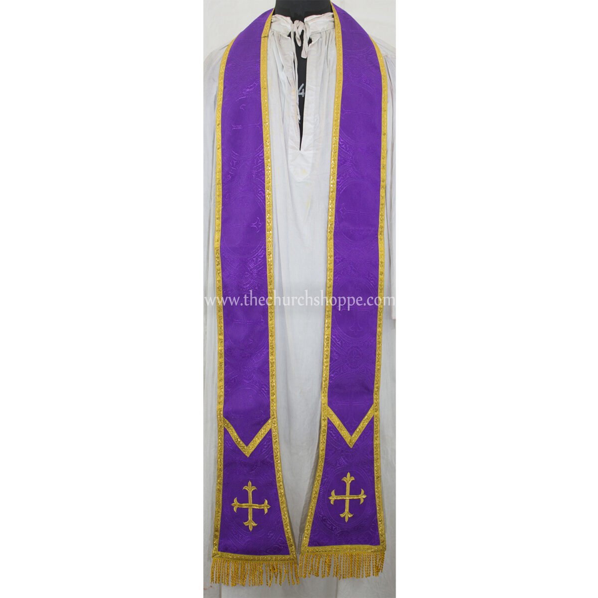 METALLIC GOLD AND PURPLE REVERSIBLE TRAVEL SPANISH FIDDLEBACK VESTMENT AND MASS SET - Image 6