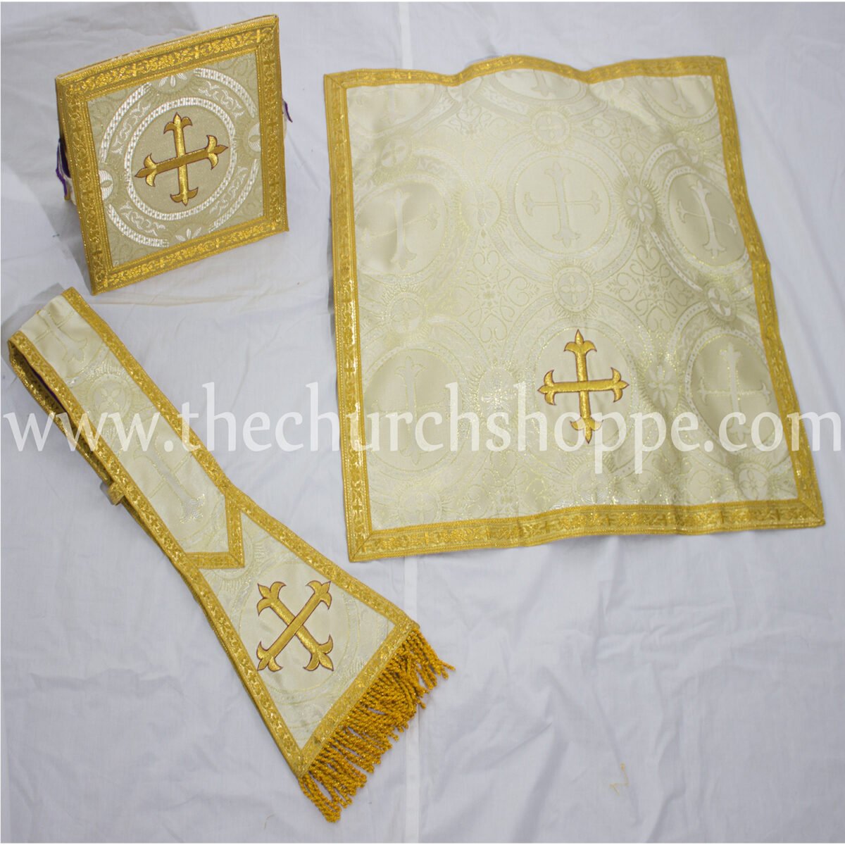METALLIC GOLD AND PURPLE REVERSIBLE TRAVEL SPANISH FIDDLEBACK VESTMENT AND MASS SET - Image 9