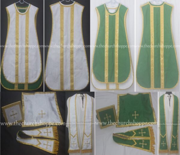 GREEN AND WHITE REVERSIBLE TRAVEL SPANISH FIDDLEBACK VESTMENT AND MASS SET