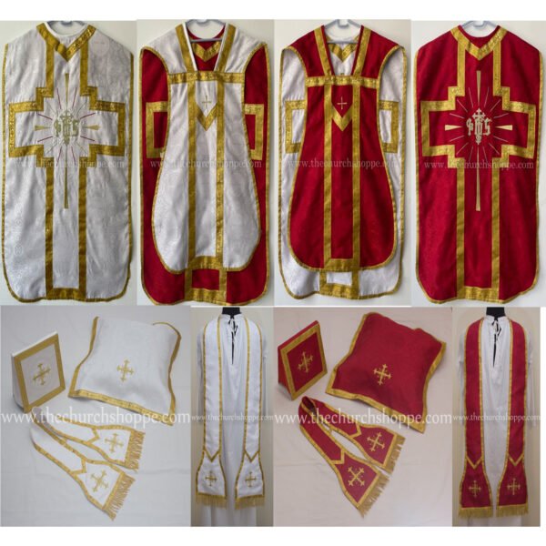 WHITE AND RED REVERSIBLE TRAVEL ROMAN FIDDLEBACK VESTMENT AND MASS SET WITH IHS  EMBROIDERY