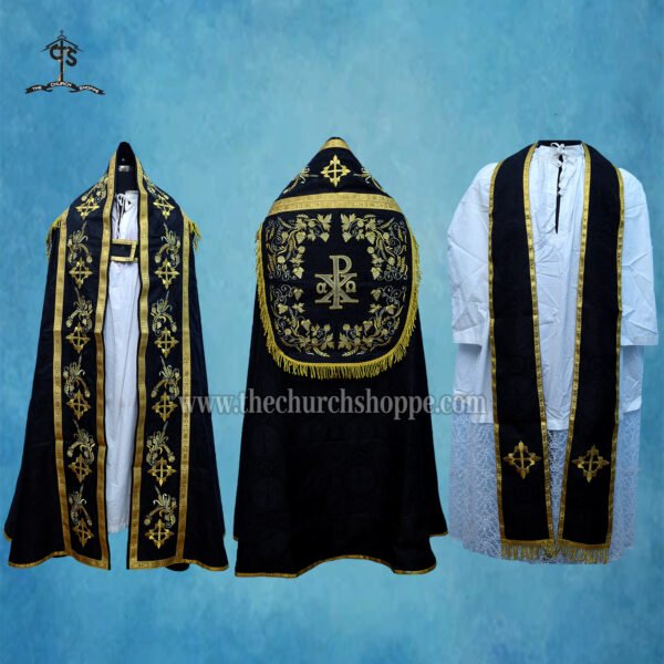 BLACK ROMAN COPE AND STOLE SET WITH CHI RHO EMBROIDERY