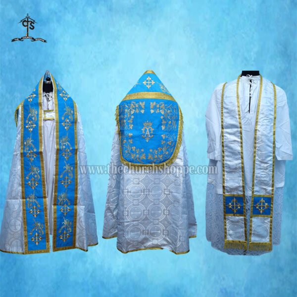 METALLIC SILVER  ROMAN COPE AND STOLE SET WITH AVE MARIA EMBROIDERY