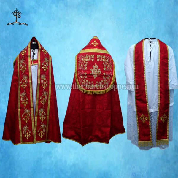 RED ROMAN COPE AND STOLE SET WITH IHS EMBROIDERY