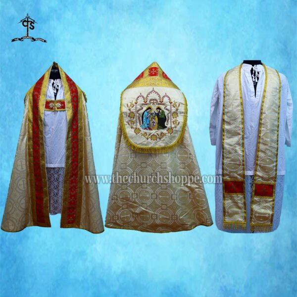METALLIC GOLD  ROMAN COPE AND STOLE SET WITH NATIVITY EMBROIDERY