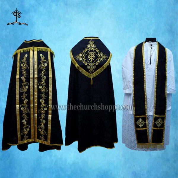 BLACK GOTHIC COPE AND STOLE SET WITH CHI RHO EMBROIDERY