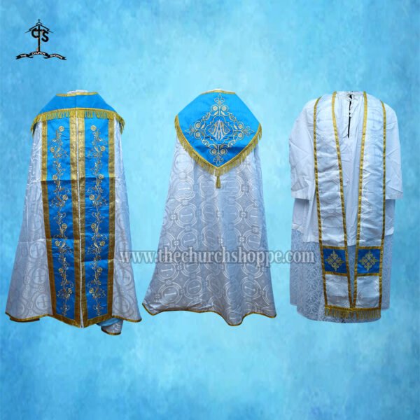 METALLIC SILVER GOTHIC COPE AND STOLE SET WITH AVE MARIA EMBROIDERY
