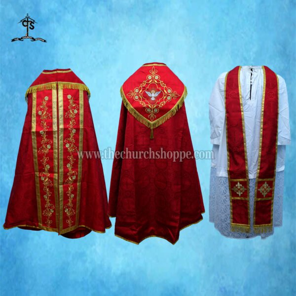 RED GOTHIC COPE AND STOLE SET WITH HOLY SPIRIT EMBROIDERY