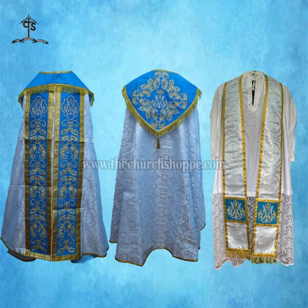 METALLIC SILVER GOTHIC COPE AND STOLE SET WITH AVE MARIA EMBROIDERY