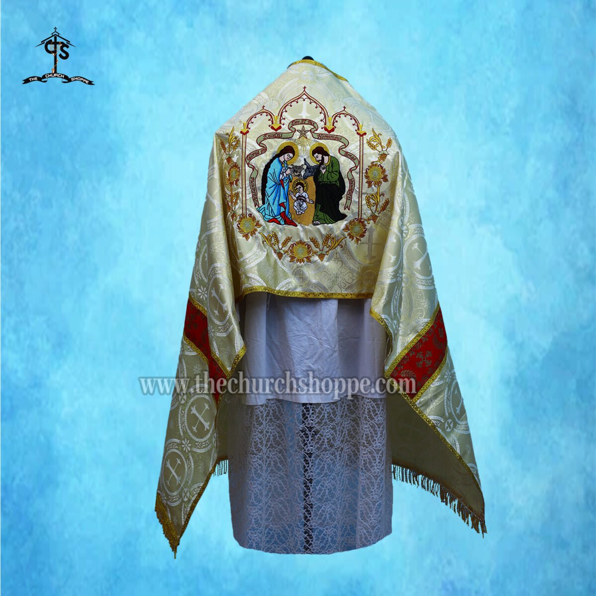 METALLIC GOLD HUMERAL VEIL WITH NATIVITY EMBROIDERY - Image 1