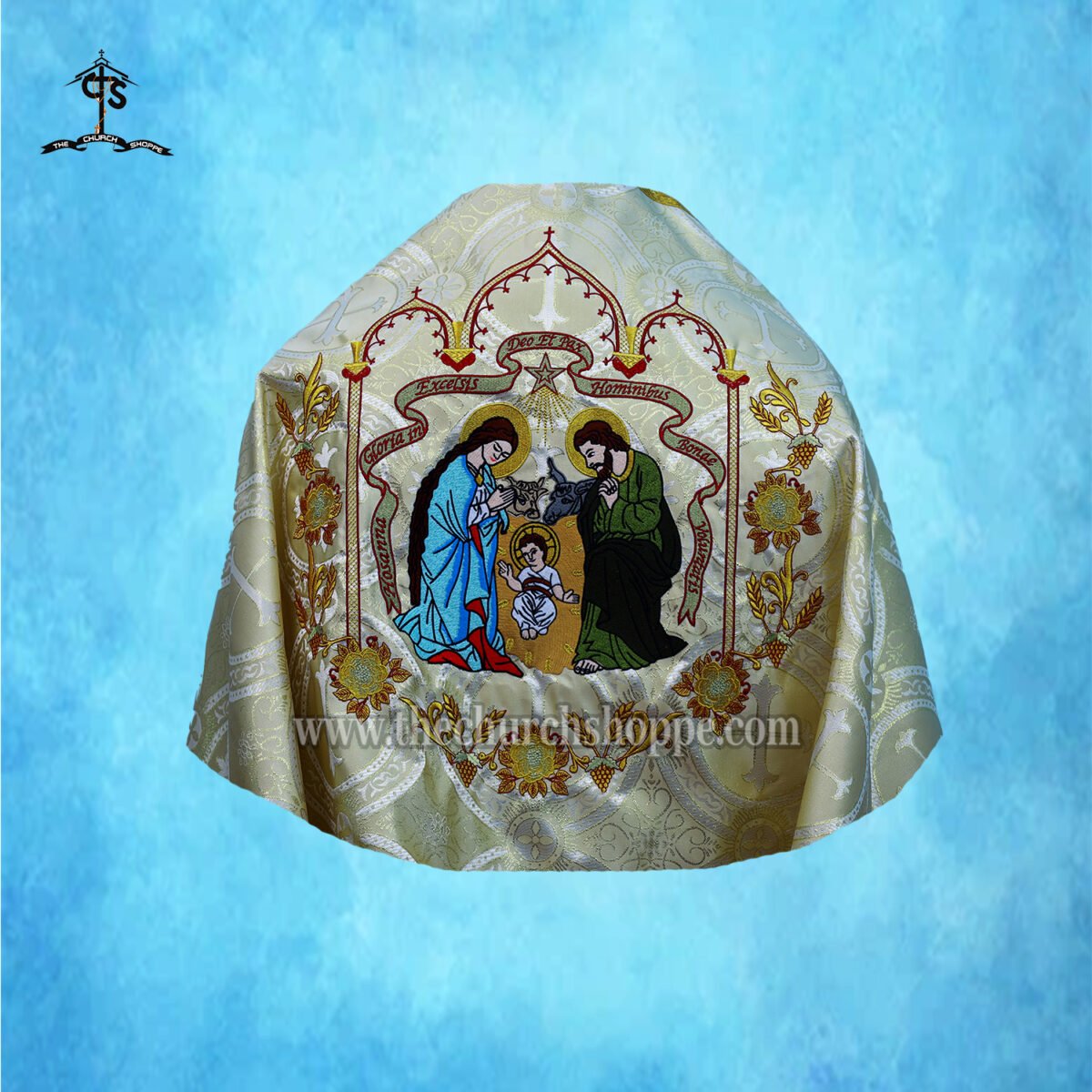 METALLIC GOLD HUMERAL VEIL WITH NATIVITY EMBROIDERY - Image 2