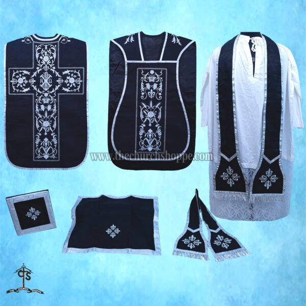 BLACK ROMAN FIDDLEBACK CHASUBLE AND MASS SET WITH CHI RHO EMBROIDERY