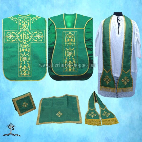 GREEN ROMAN FIDDLEBACK CHASUBLE AND MASS SET WITH IHS EMBROIDERY