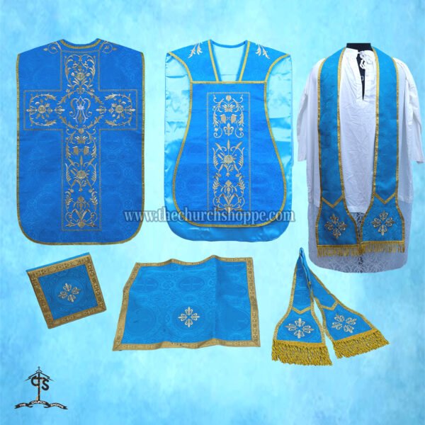 MARIAN BLUE ROMAN FIDDLEBACK CHASUBLE AND MASS SET WITH AVE MARIA EMBROIDERY