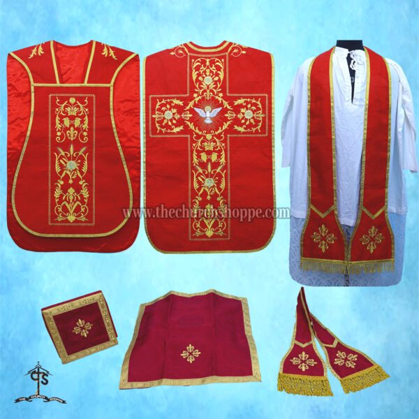 RED ROMAN FIDDLEBACK CHASUBLE AND MASS SET WITH HOLY SPIRIT EMBROIDERY