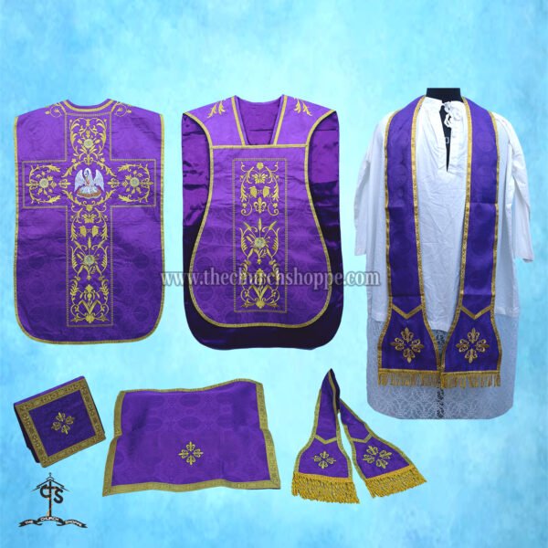 VIOLET ROMAN FIDDLEBACK CHASUBLE AND MASS SET WITH PELICAN EMBROIDERY