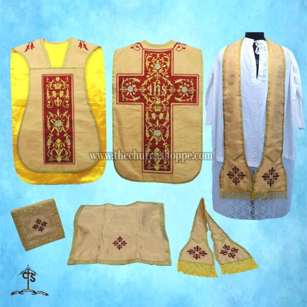 YELLOW ROMAN FIDDLEBACK CHASUBLE AND MASS SET WITH IHS EMBROIDERY