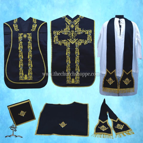 BLACK ROMAN FIDDLEBACK CHASUBLE AND MASS SET WITH CHI RHO EMBROIDERY