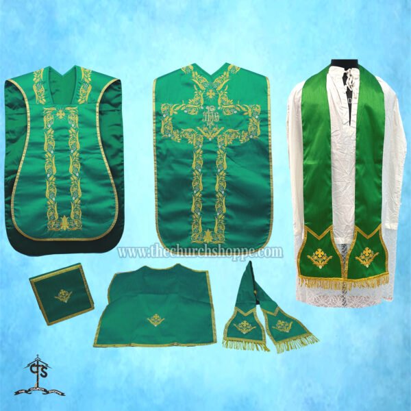 GREEN ROMAN FIDDLEBACK CHASUBLE AND MASS SET WITH IHS EMBROIDERY