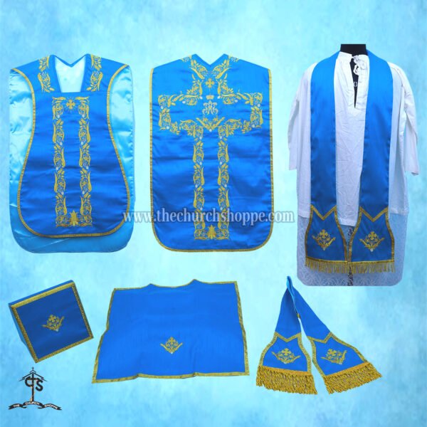 MARIAN BLUE ROMAN FIDDLEBACK CHASUBLE AND MASS SET WITH AVE MARIA EMBROIDERY