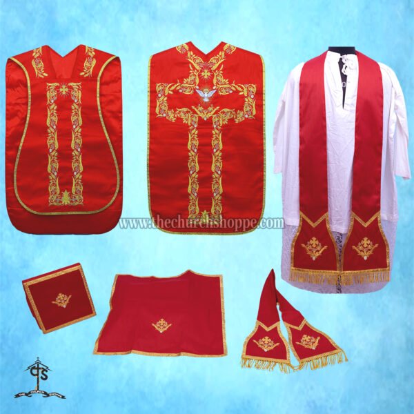 RED ROMAN FIDDLEBACK CHASUBLE AND MASS SET WITH HOLY SPIRIT EMBROIDERY