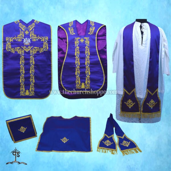 VIOLET ROMAN FIDDLEBACK CHASUBLE AND MASS SET WITH PELICAN EMBROIDERY
