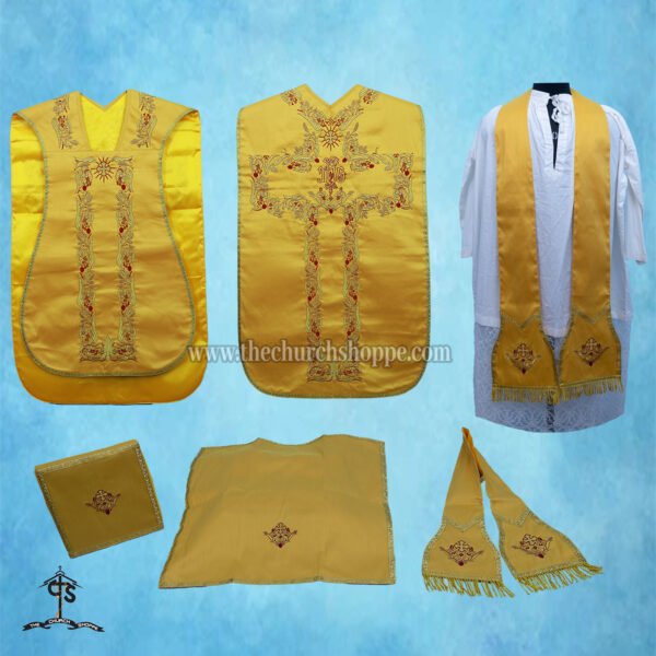 YELLOW ROMAN FIDDLEBACK CHASUBLE AND MASS SET WITH IHS EMBROIDERY