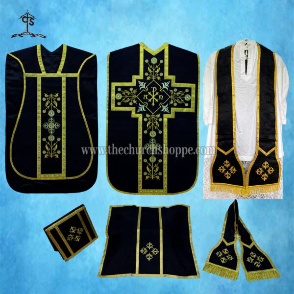 BLACK ROMAN FIDDLEBACK CHASUBLE AND MASS SET WITH CHI RHO EMBROIDERY