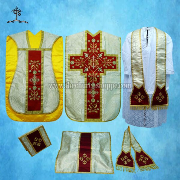 METALLIC GOLD ROMAN FIDDLEBACK CHASUBLE AND MASS SET WITH IHS EMBROIDERY