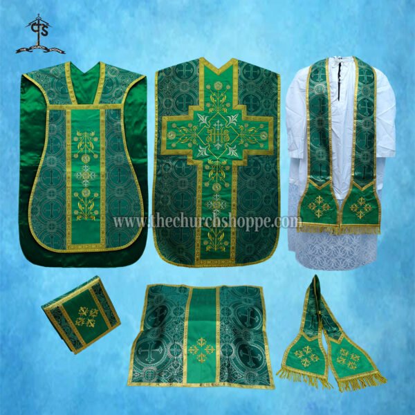 METALLIC GREEN ROMAN FIDDLEBACK CHASUBLE AND MASS SET WITH IHS EMBROIDERY