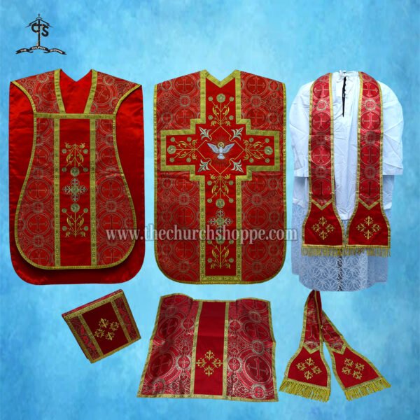 METALLIC RED ROMAN FIDDLEBACK CHASUBLE AND MASS SET WITH HOLY SPIRIT EMBROIDERY